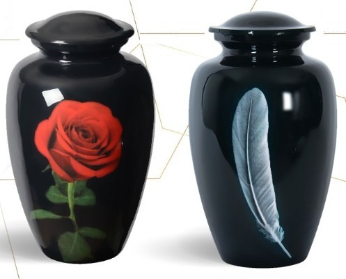Urne Inhumation Aluminium Noire rose et plume Urne Inhumation Aluminium Noire rose et plume